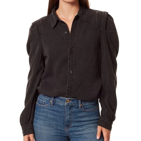 Anne Klein  Billie Puff Sleeve Button Up Washed Black Various Sizes - Picture 6 of 7